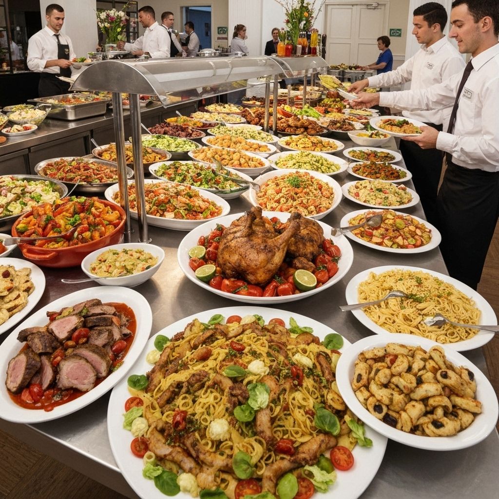 Buffet setup with silver serving dishes